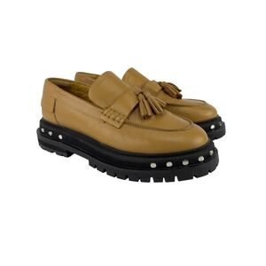 FREE PEOPLE Teagan Tassel Platform Loafers Tan Leather Studded Lug Sole Size 8